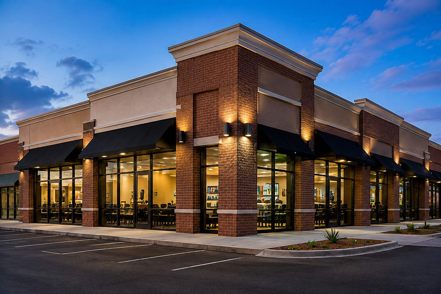 Commercial retail building at dusk representing business continuity support