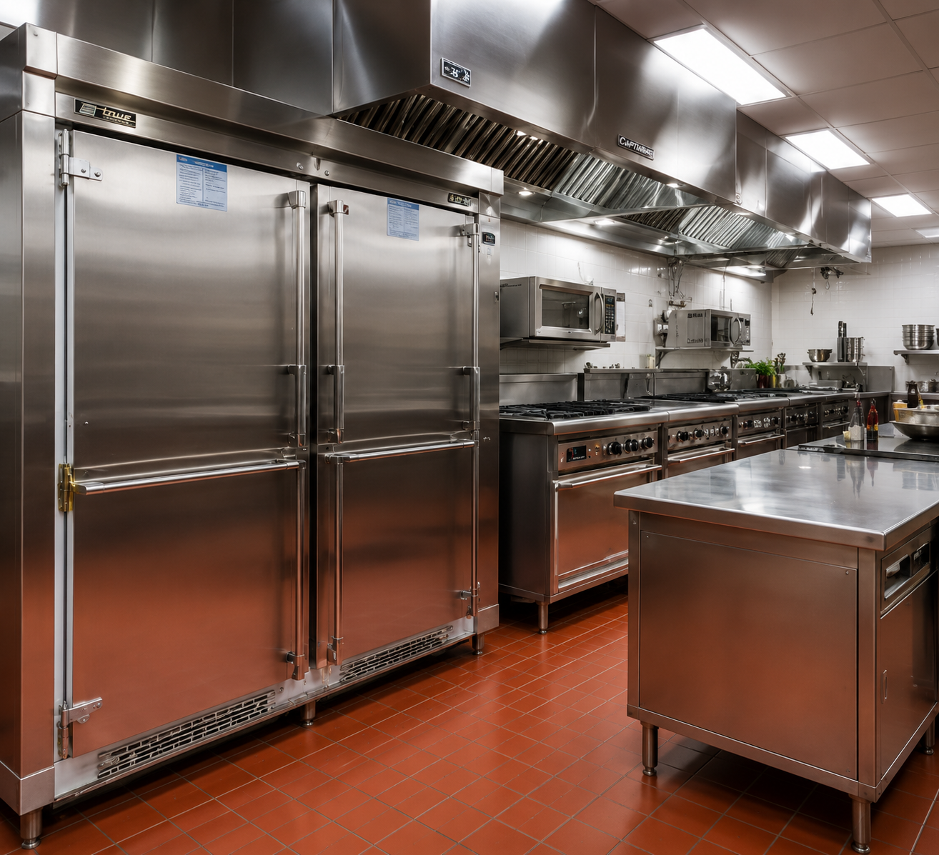 Commercial kitchen with refrigeration, cooking equipment, stainless prep surfaces, and ventilation hoods
