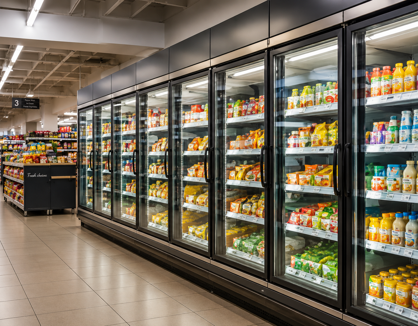 Retail refrigerated display cases stocked with temperature-sensitive products