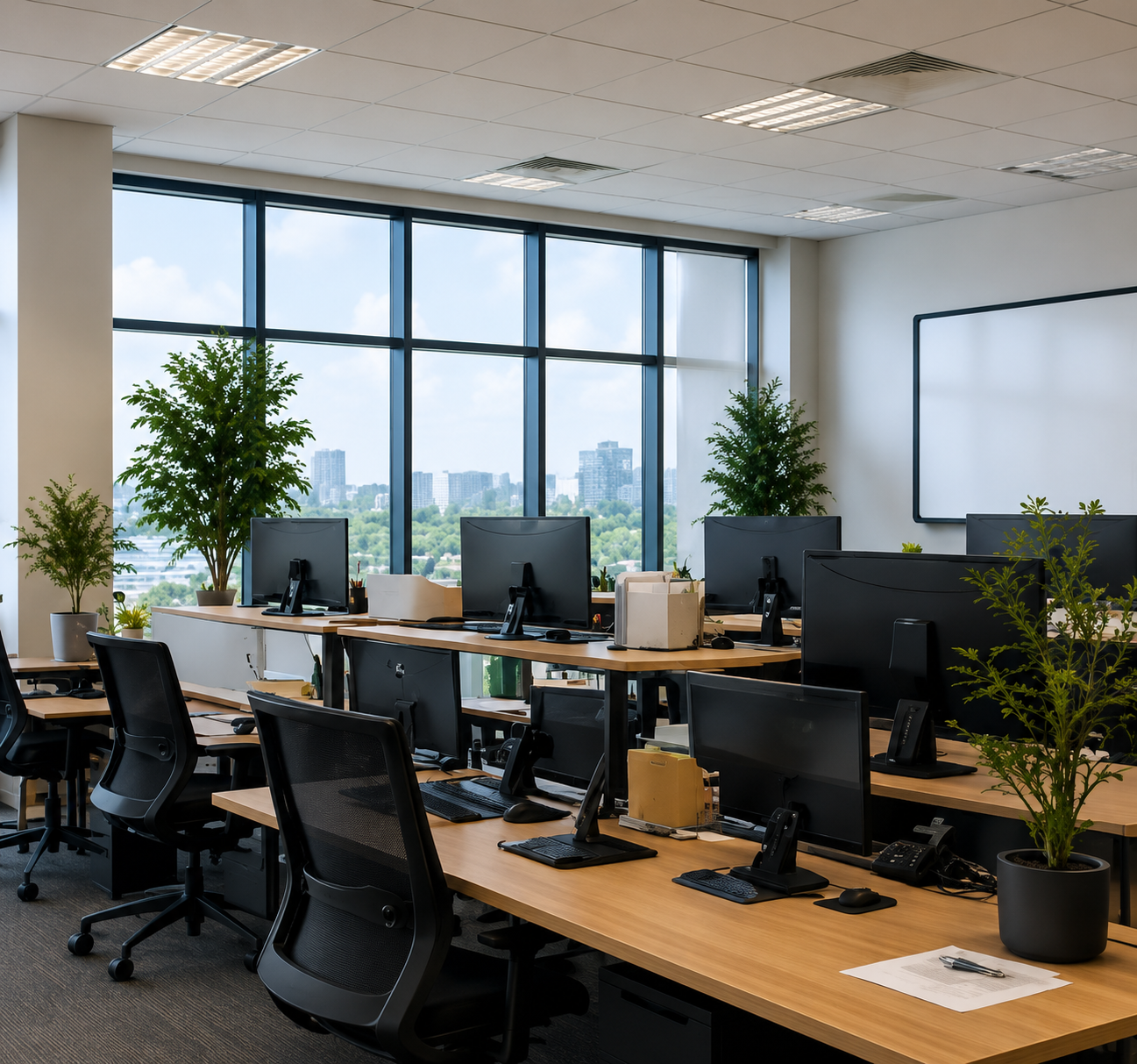 Modern office workspace with HVAC diffusers, lighting, workstations, and indoor plants