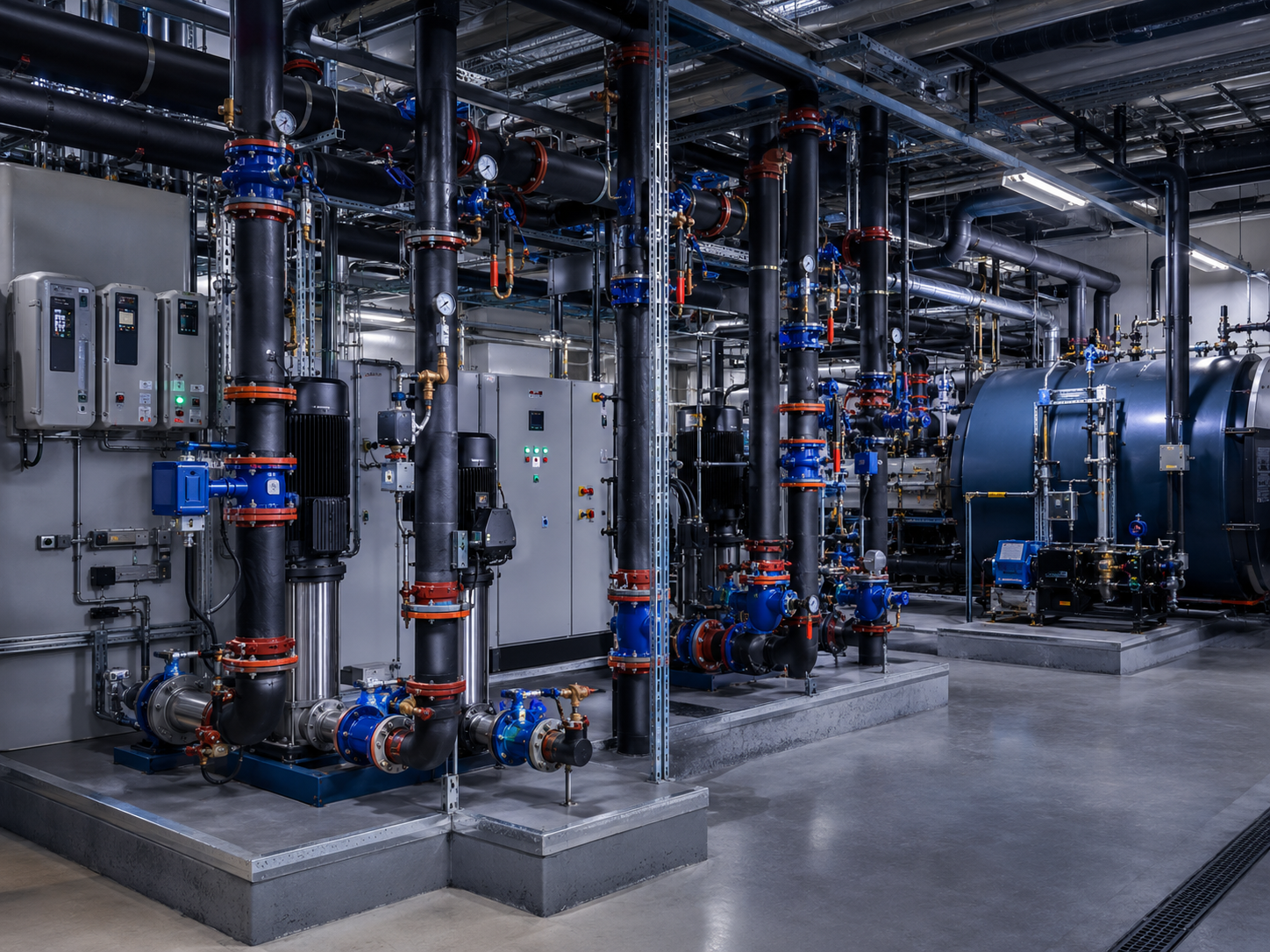 Central utility plant with chilled water, condenser water, steam, hydronic piping, and pumping systems