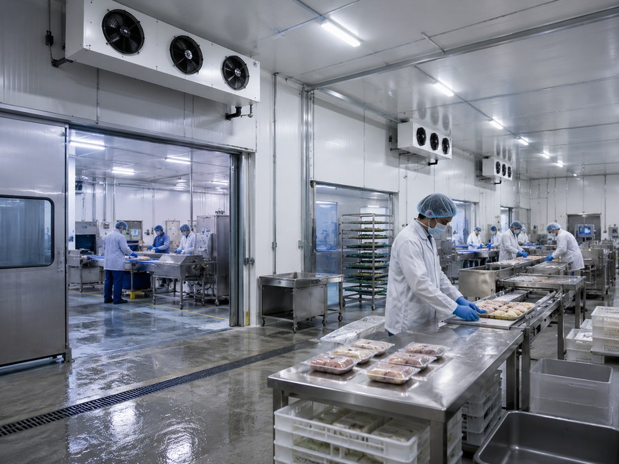 Modern refrigerated food production and processing facility with stainless processing areas