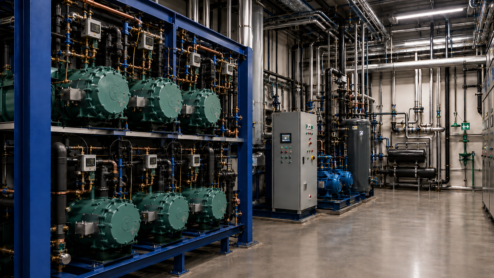 Industrial refrigeration plant with compressor racks, piping, controls, and mechanical-room infrastructure