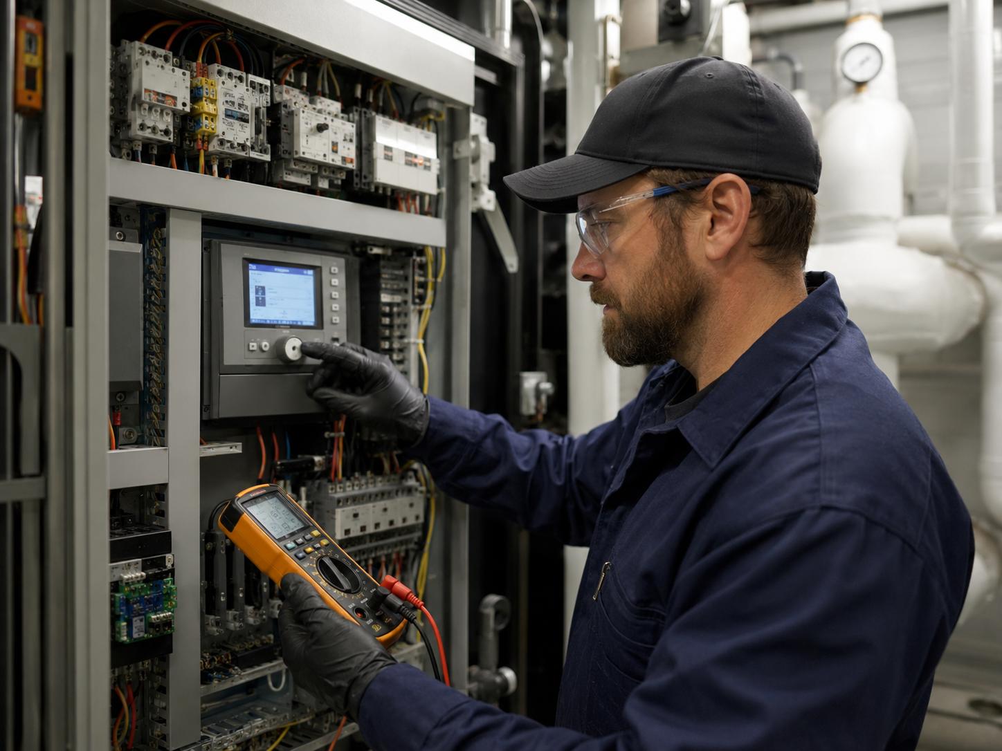 Technician inspecting a critical system control panel
