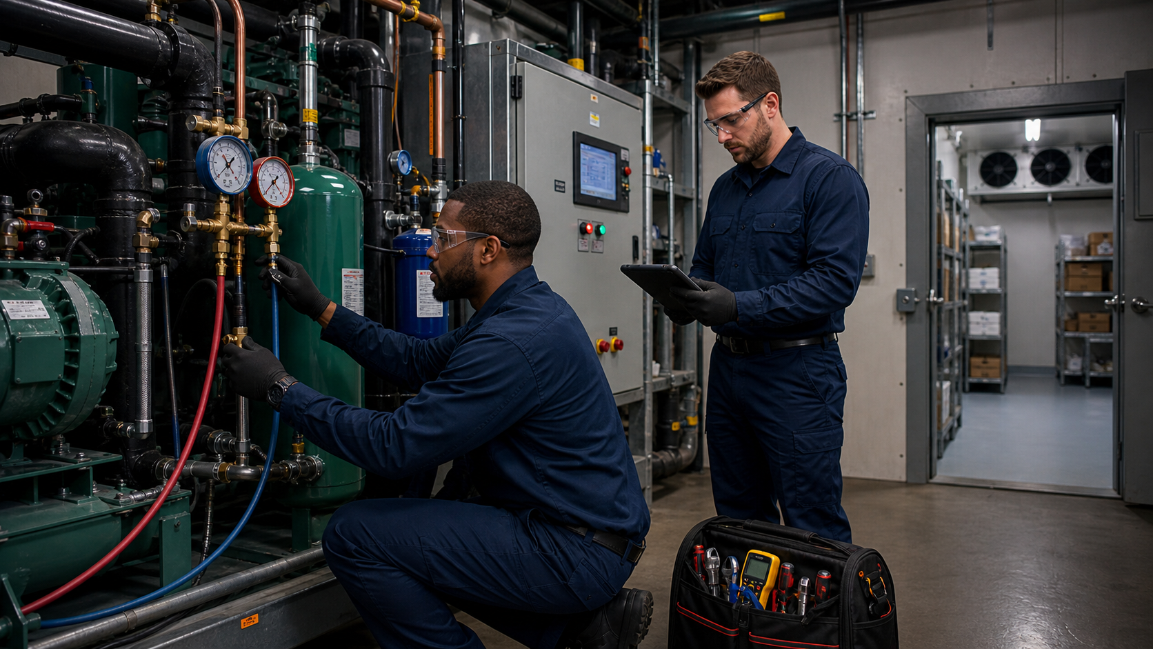 Diverse BIG-ABE technicians inspecting commercial mechanical and refrigeration systems