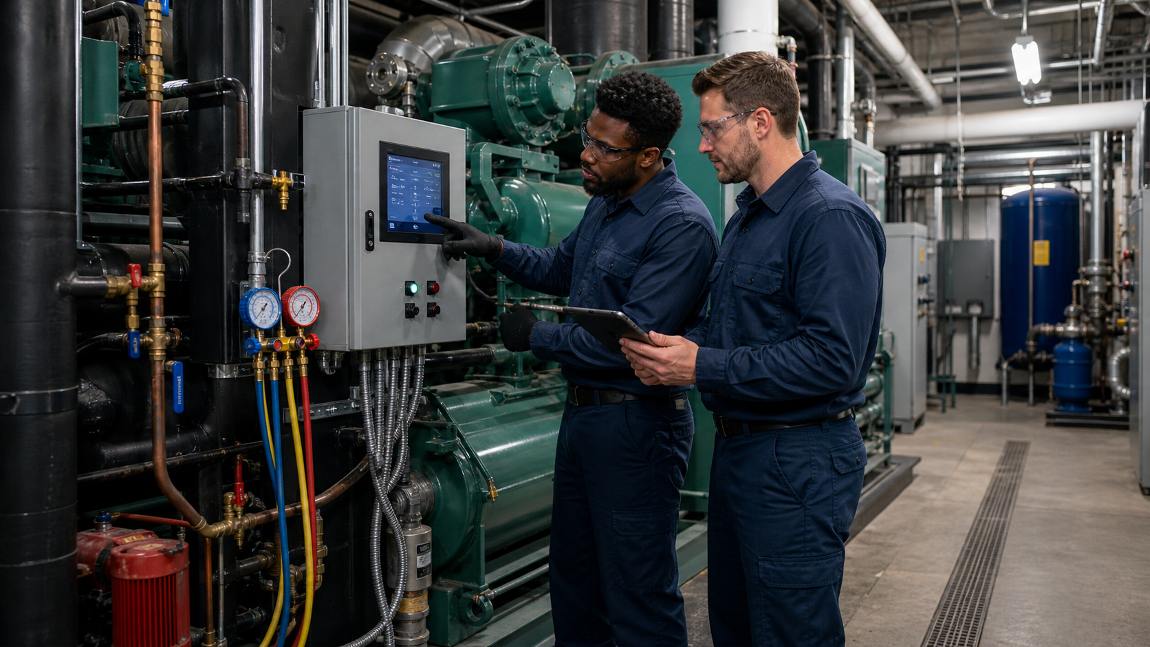 Technician reviewing efficiency data in a mechanical room