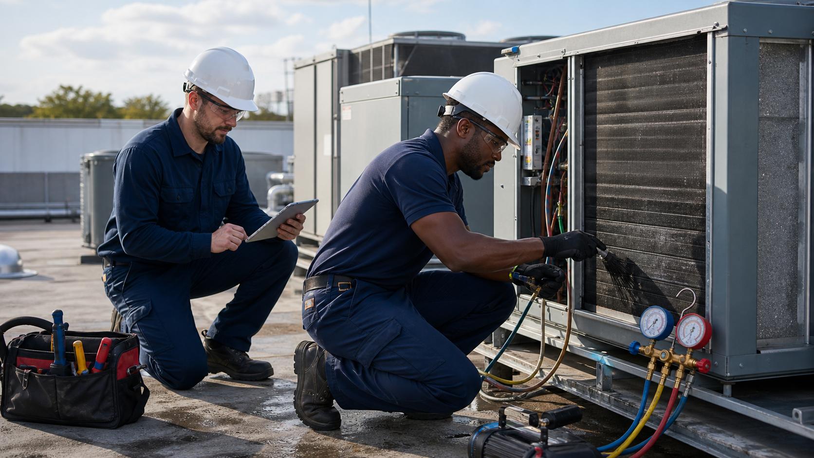 Technician performing preventive maintenance on rooftop equipment