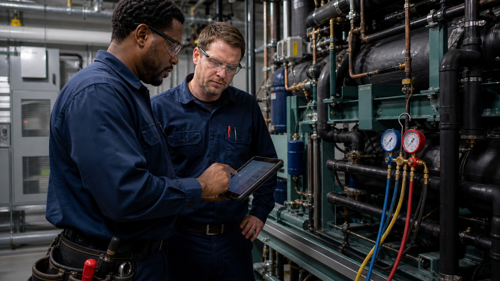 Technician reviewing diagnostic readings in a mechanical room