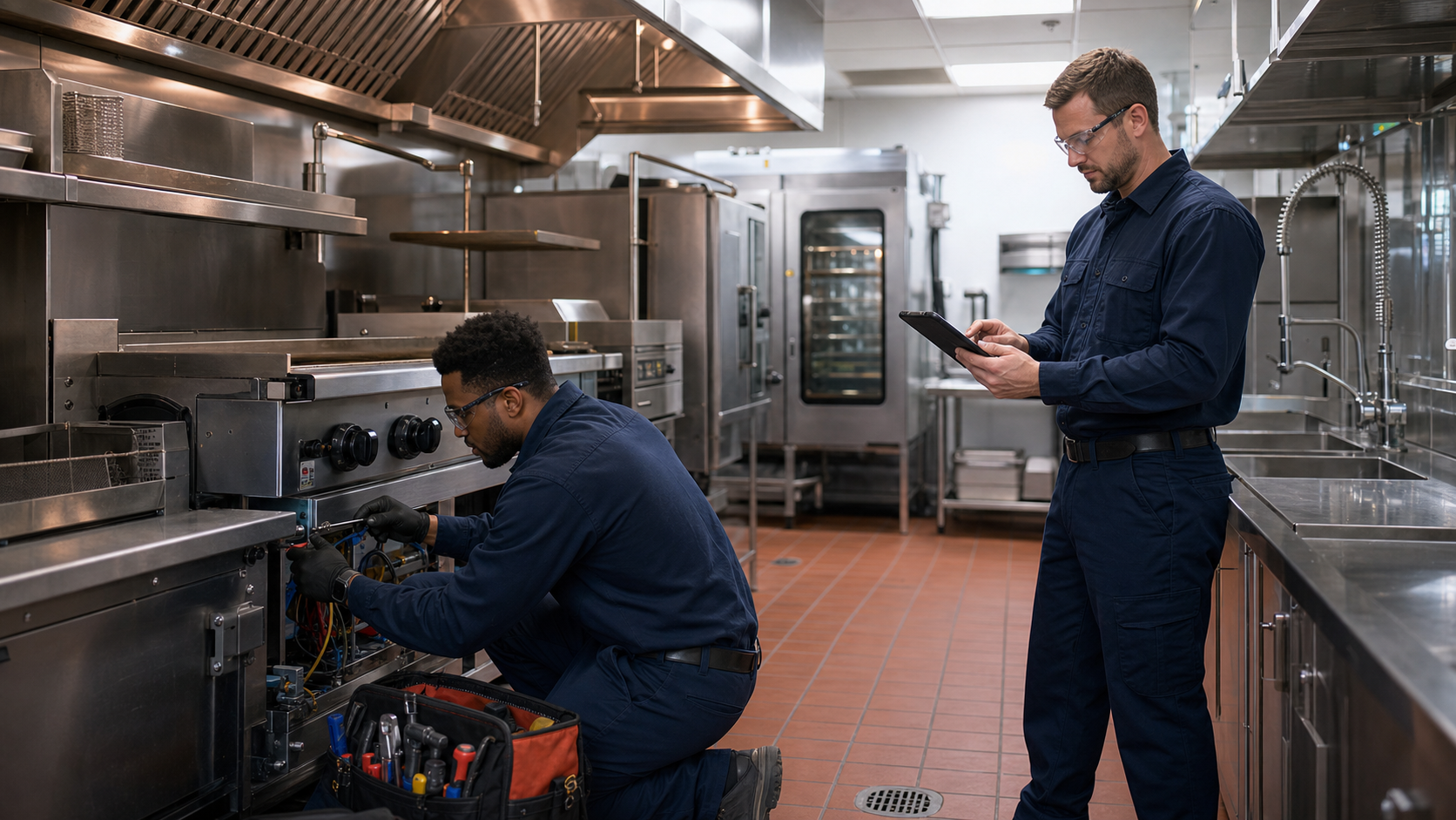 Commercial kitchen equipment service in a restaurant kitchen