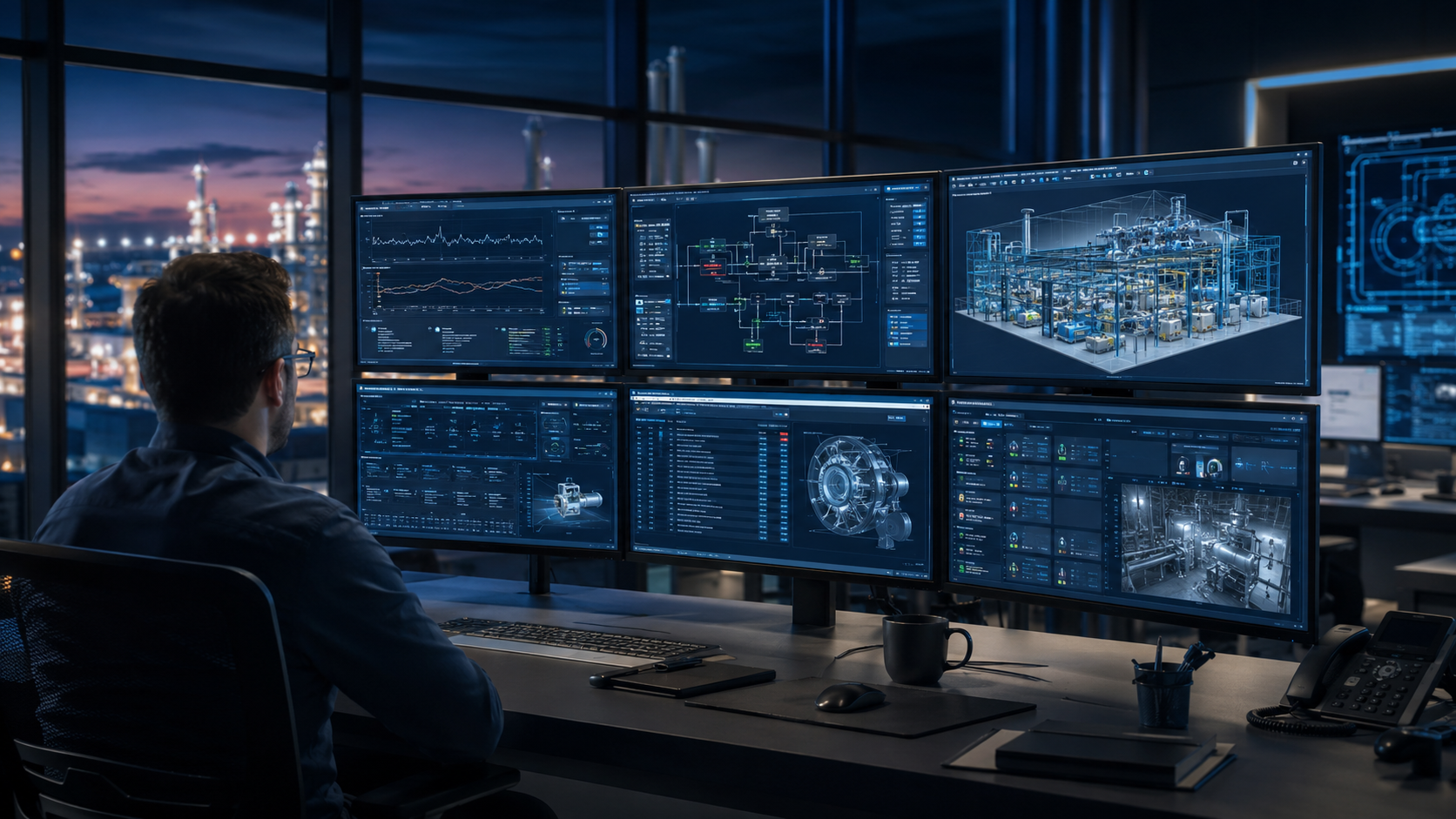 Technician reviewing controls and performance data for mechanical systems