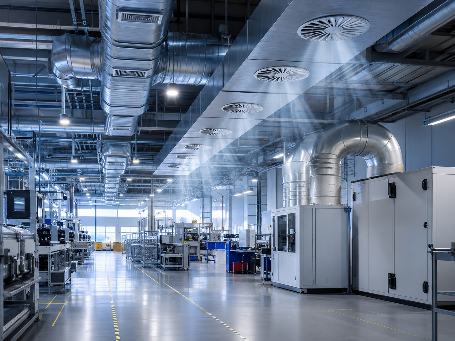 Industrial facility with air handling, ductwork, ventilation, and environmental control systems