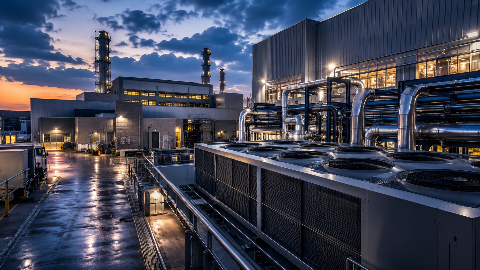 Industrial facility mechanical room with chillers, piping, and central utility systems