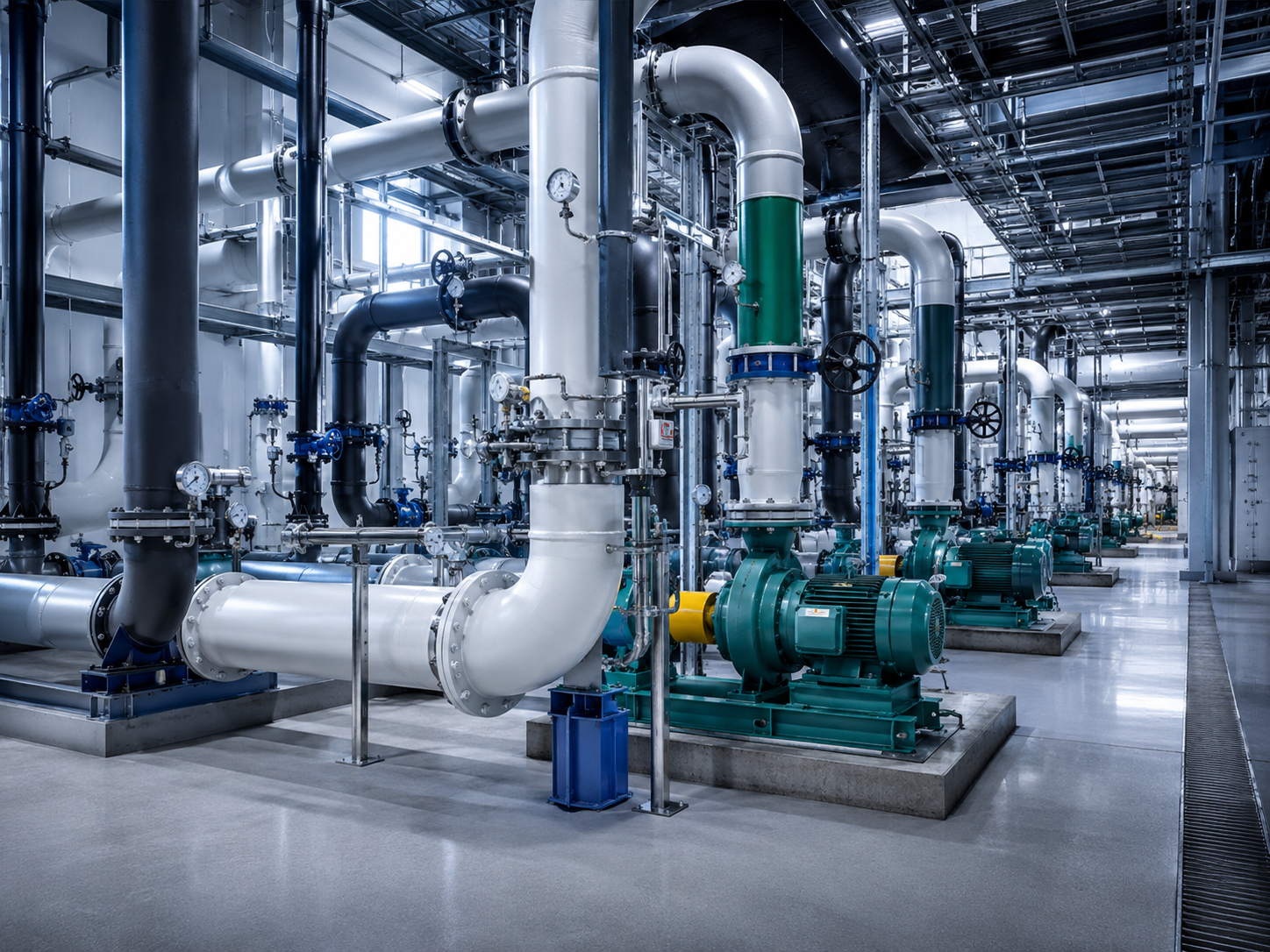 Industrial mechanical room with piping, pumps, boilers, valves, VFDs, and control panels