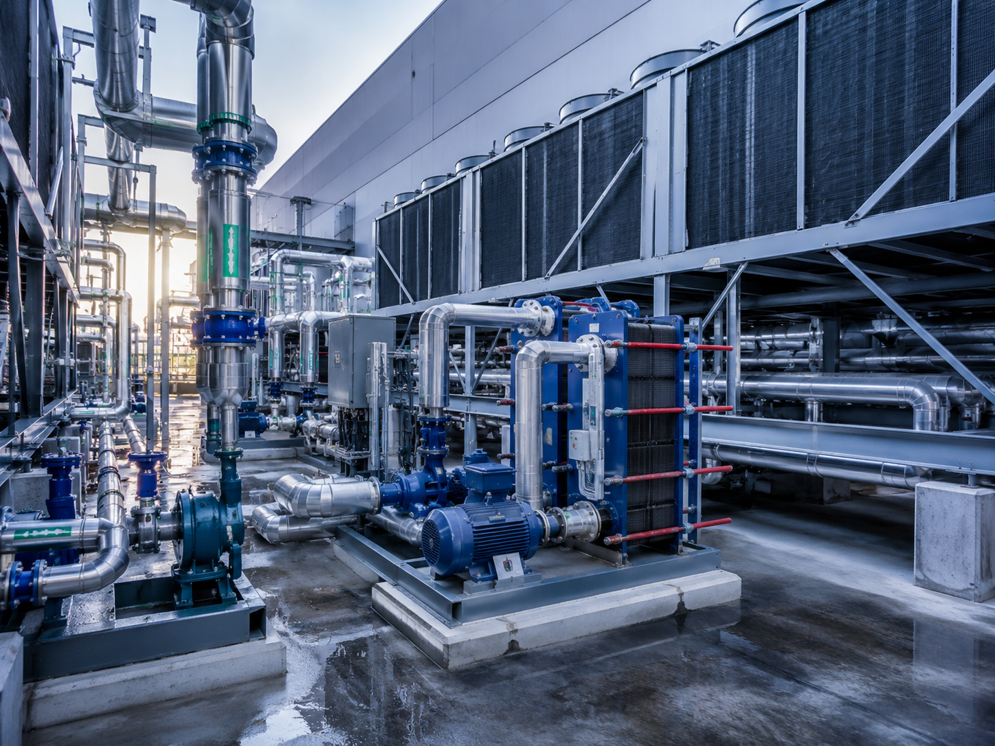 Industrial process cooling equipment with cooling towers, heat exchangers, pumps, and piping