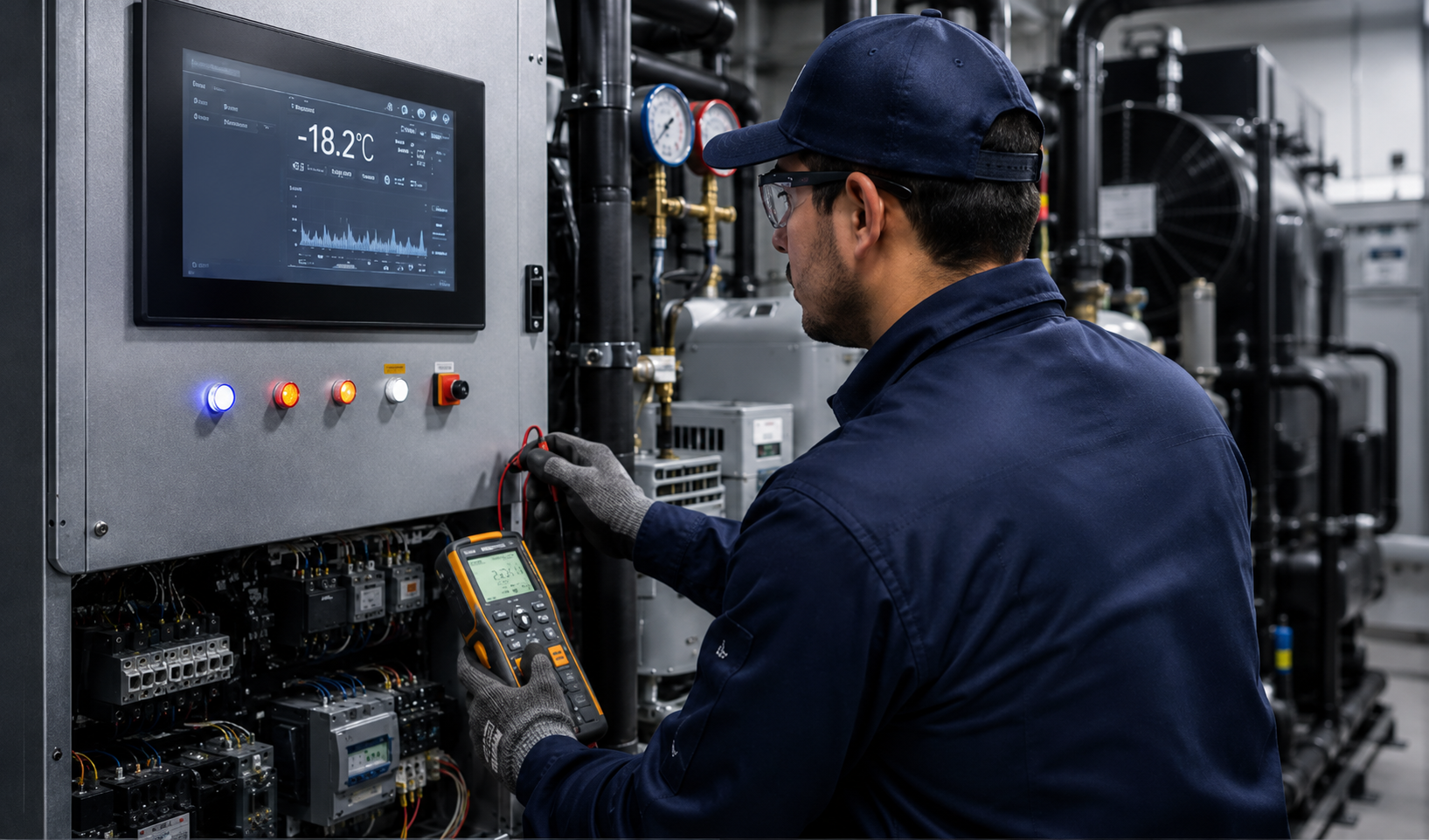Technician performing condition assessment on electrical and refrigeration controls