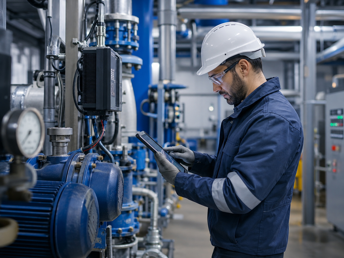 Industrial technician inspecting mechanical systems with tablet diagnostics in a plant mechanical room