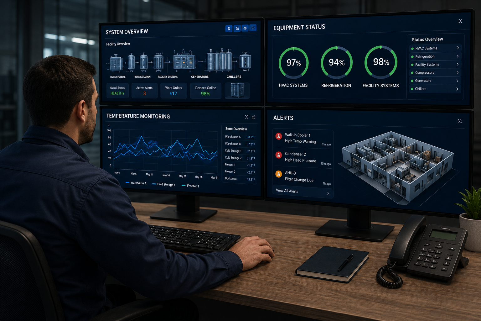 Technician reviewing reliability and maintenance data for mechanical systems