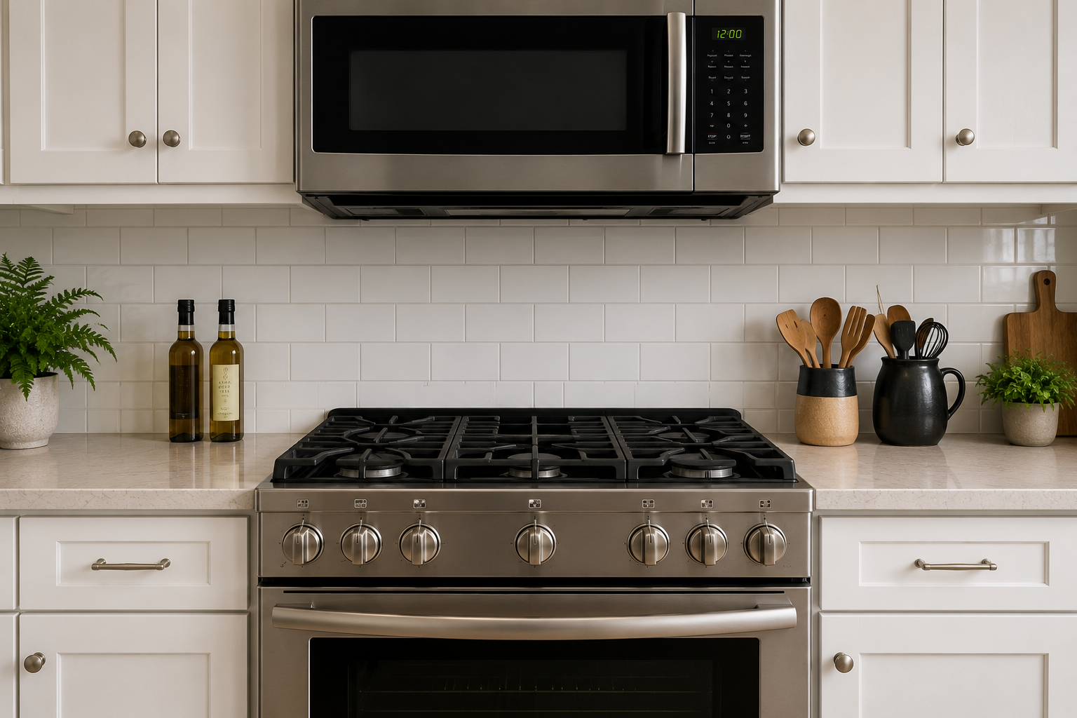 Residential range, oven, cooktop, and microwave in a kitchen