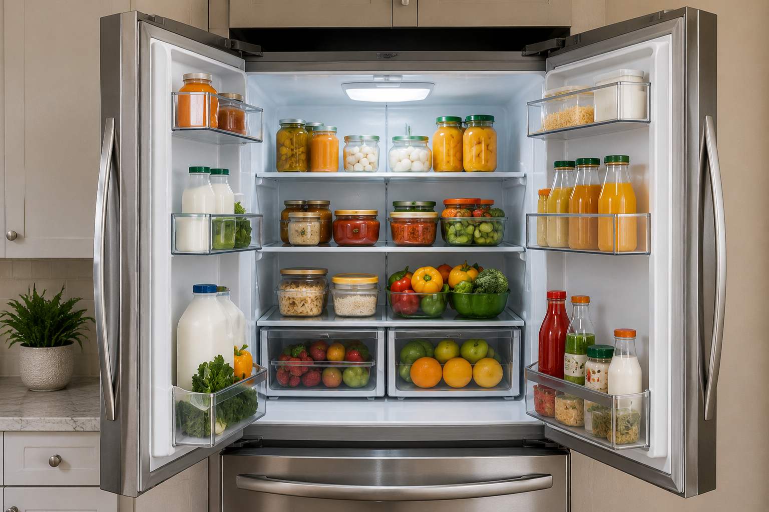 Open residential refrigerator stocked with food and beverages