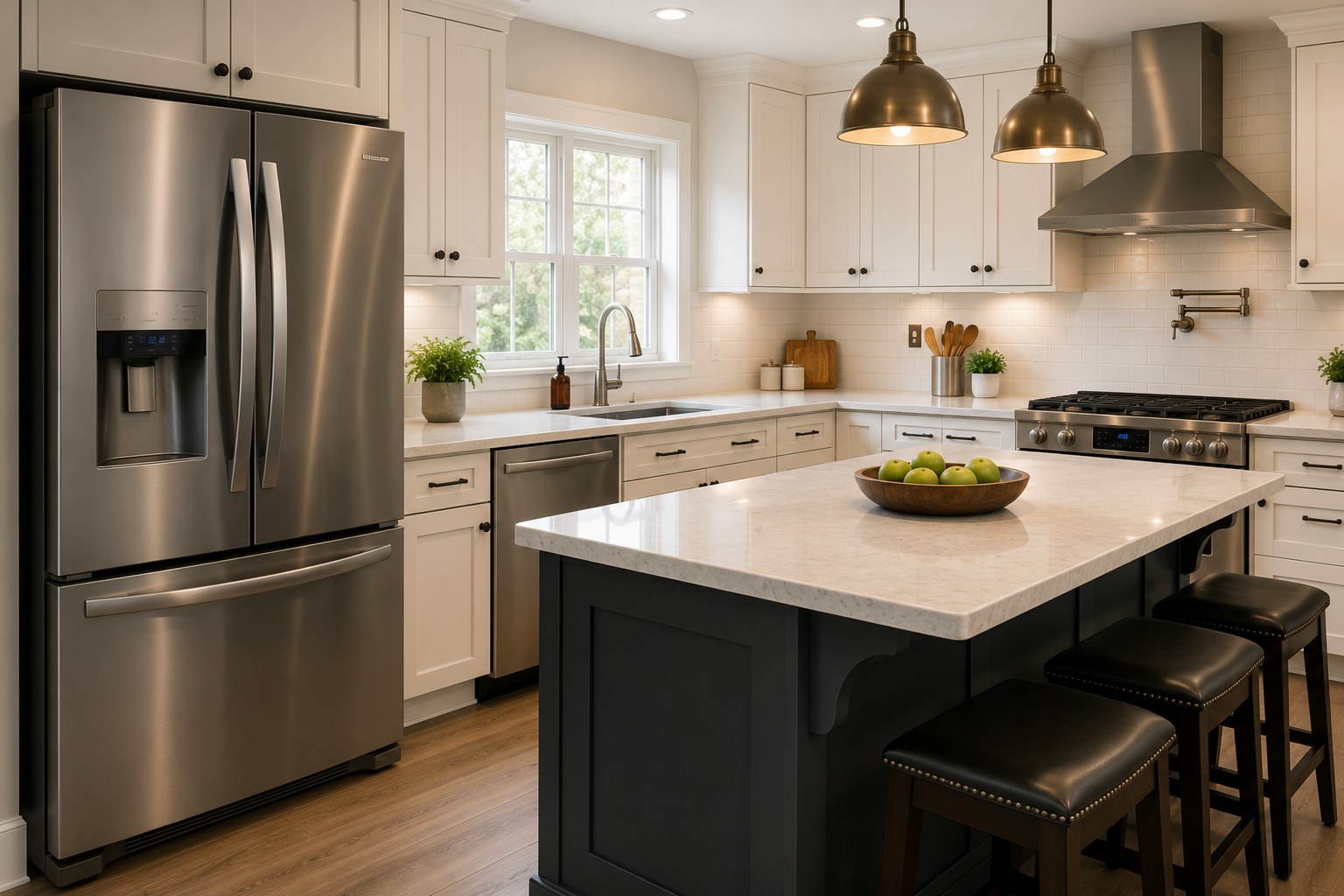 Bright residential kitchen with refrigerator, range, dishwasher, and modern home appliances