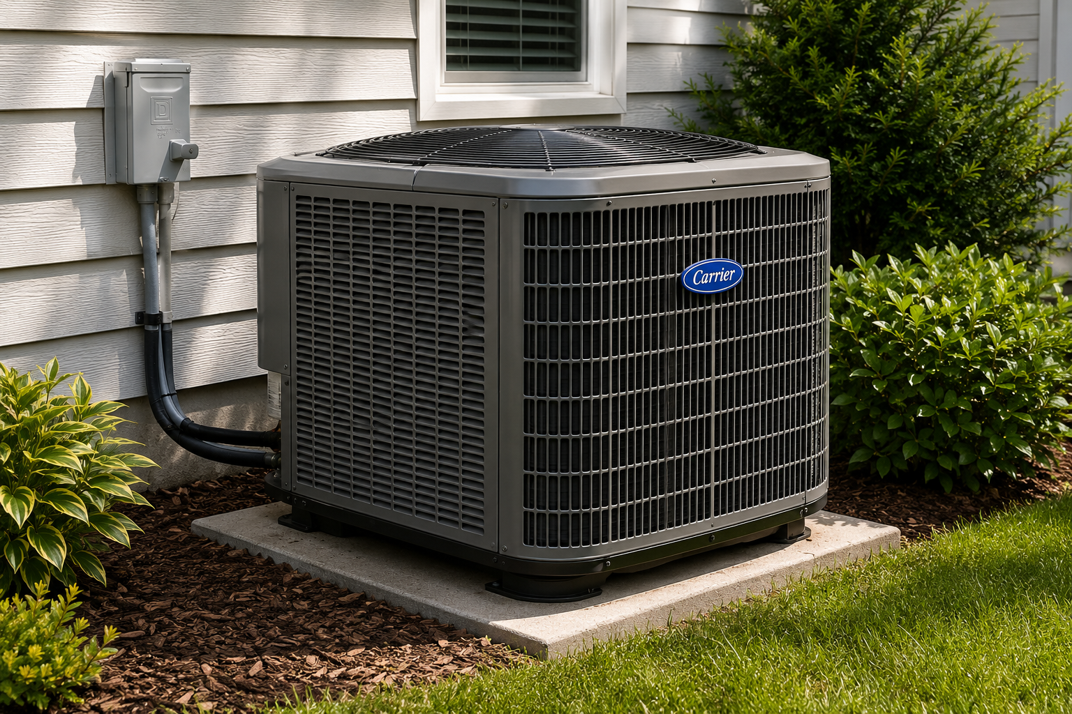 Residential outdoor air conditioning condenser beside a home