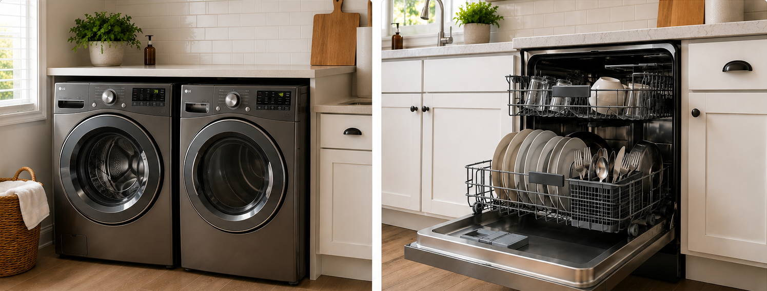 Residential laundry and dishwasher systems supporting household routines