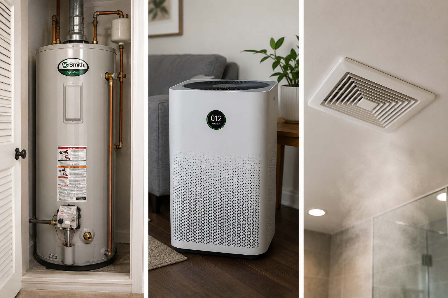 Residential water heater, air purifier, and ventilation grille