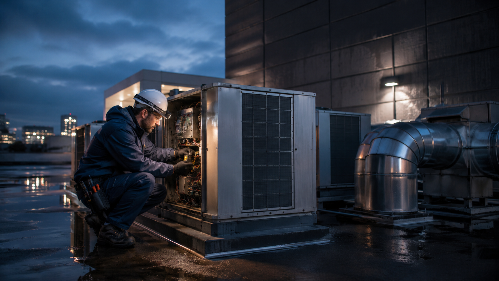 Technician servicing rooftop equipment at dusk