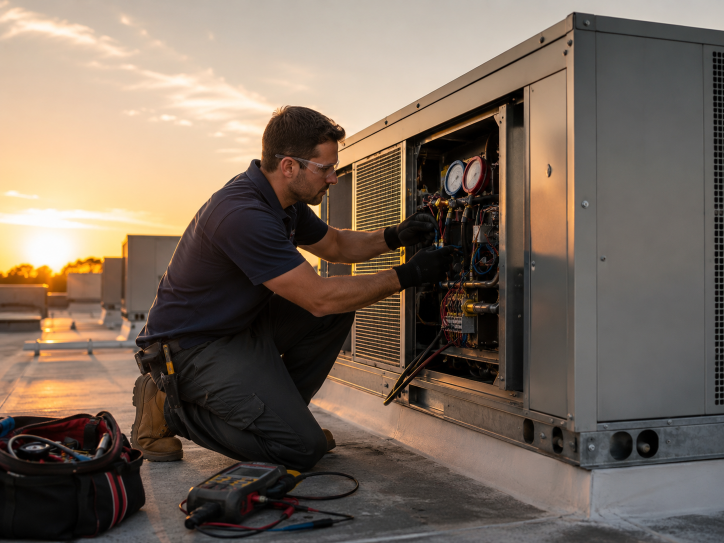 Technician responding to an HVAC emergency on a rooftop unit