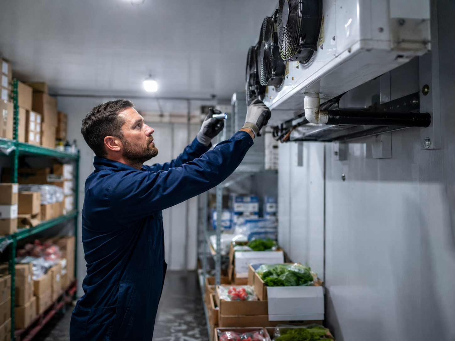 Technician responding to a walk-in cooler refrigeration emergency